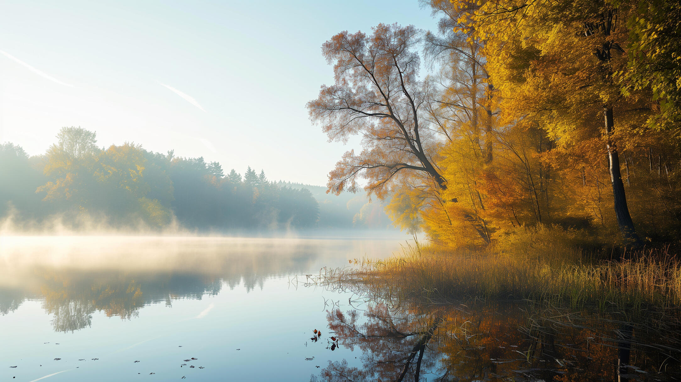Ein See mit Bäumen am Ufer