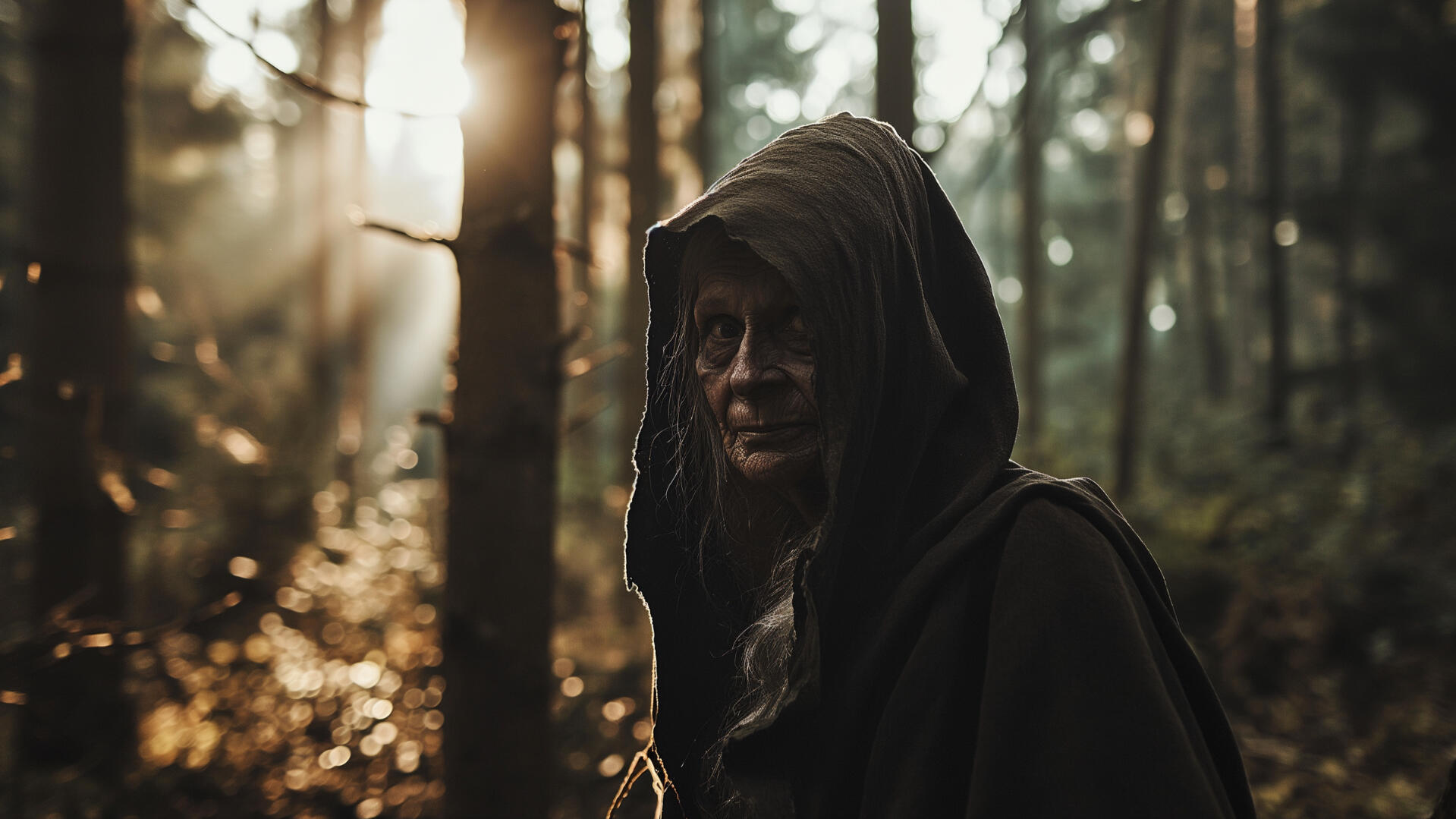 Eine alte Frau steht im Wald