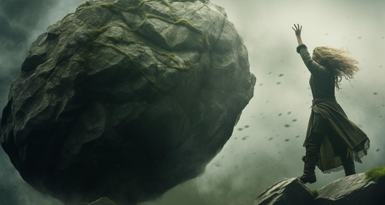 Eine Riesin wirft einen großen Fels