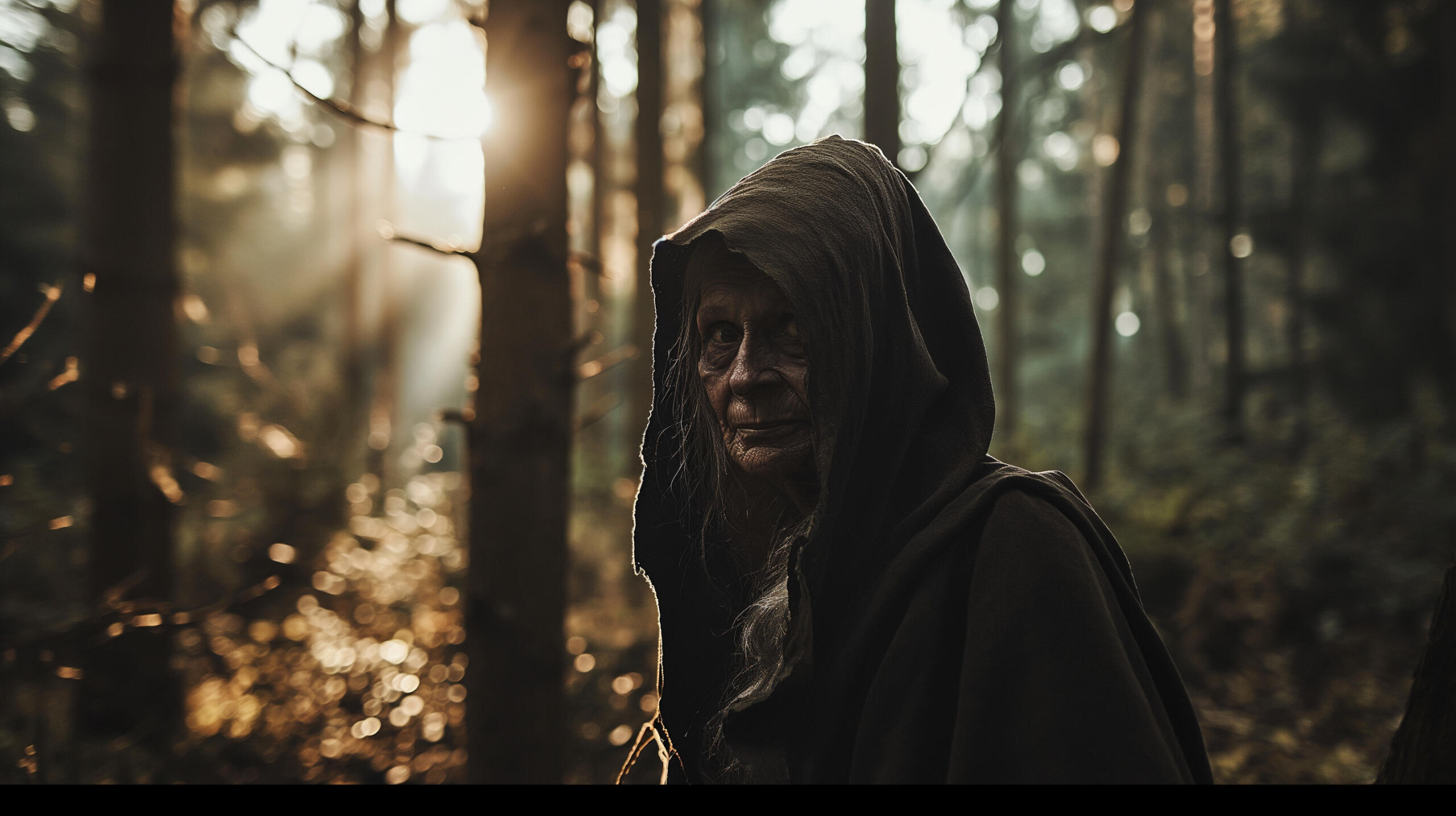 Eine alte Frau steht im Wald