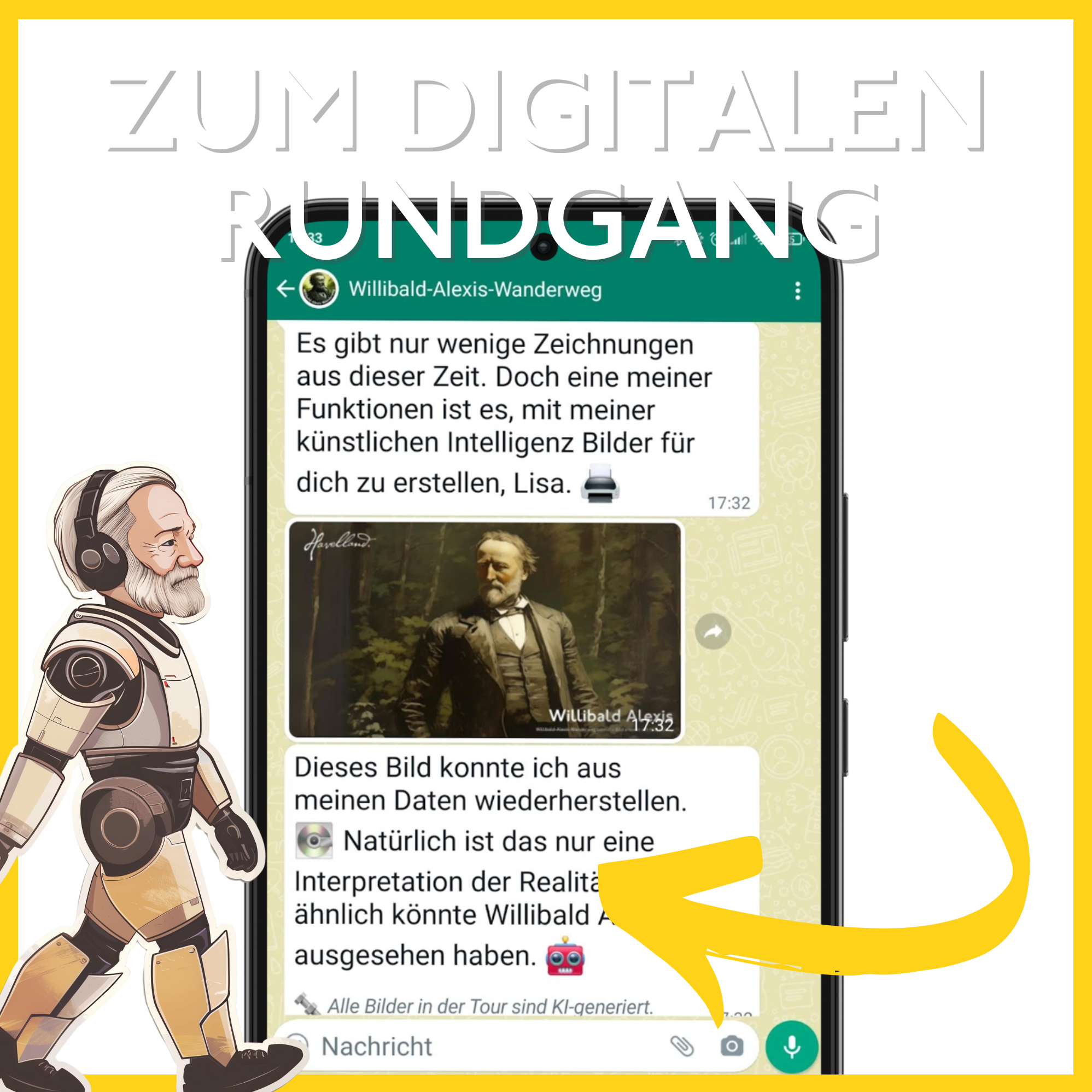 Willibot ist zusammen mit der Messenger Tour abgebildet. Darüber steht geschrieben: Zum digitalen Rundgang.